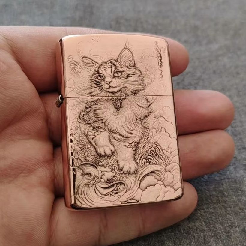 Vintage Collectible Lighters - Red Copper Embossed Cat Oil Lighter